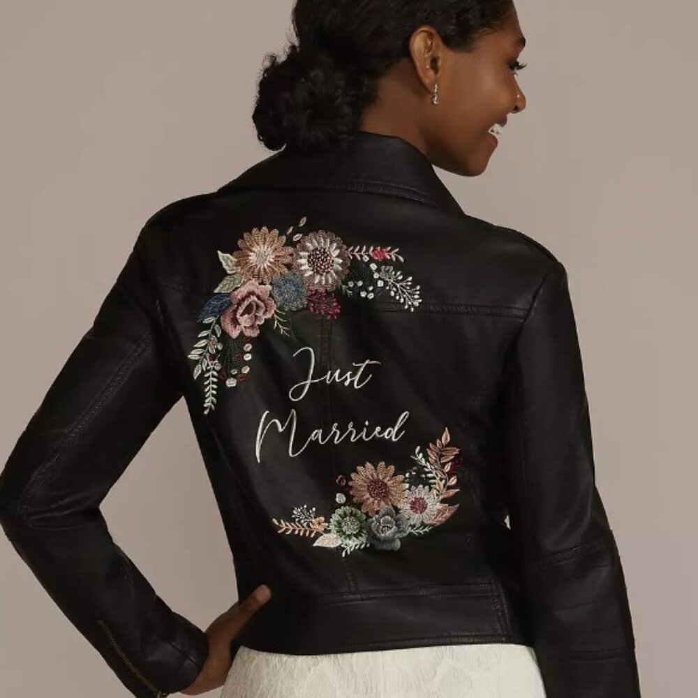 XL DAVIDS BRIDAL 'Just Married' Vegan Leather Motorcycle Jacket